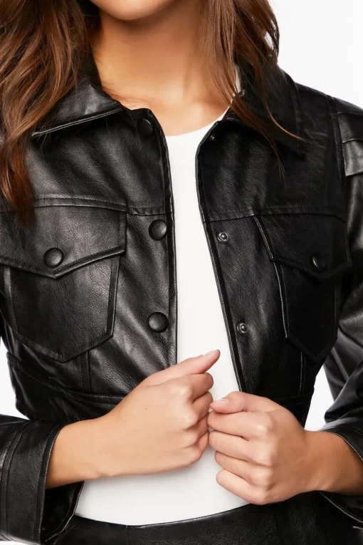 Faux Leather Cropped Trucker Jacket