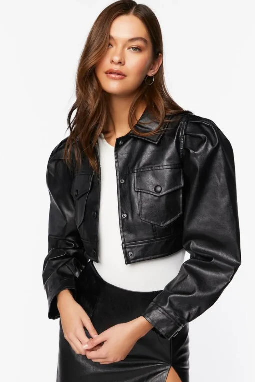 Faux Leather Cropped Trucker Jacket