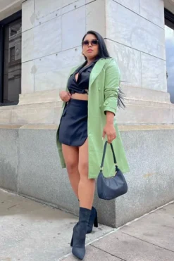 Faux Leather Double-Breasted Trench Coat