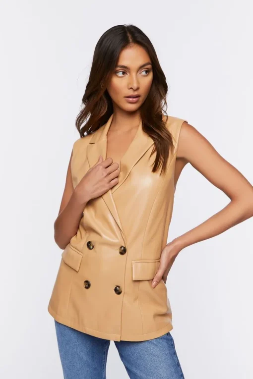 Faux Leather Double-Breasted Vest