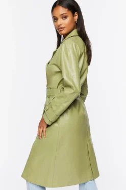 Faux Leather Double-Breasted Trench Coat