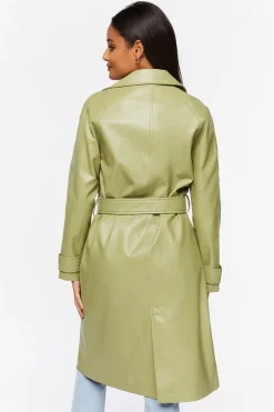 Faux Leather Double-Breasted Trench Coat