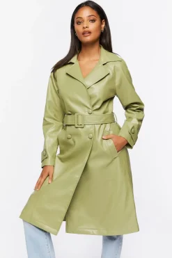 Faux Leather Double-Breasted Trench Coat