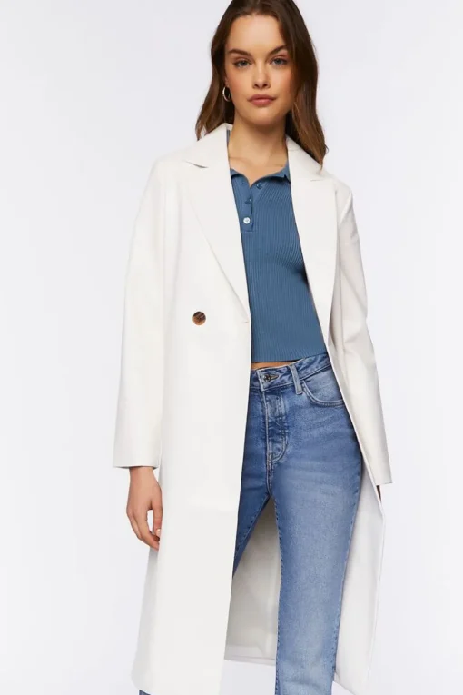 Faux Leather Double-Breasted Coat