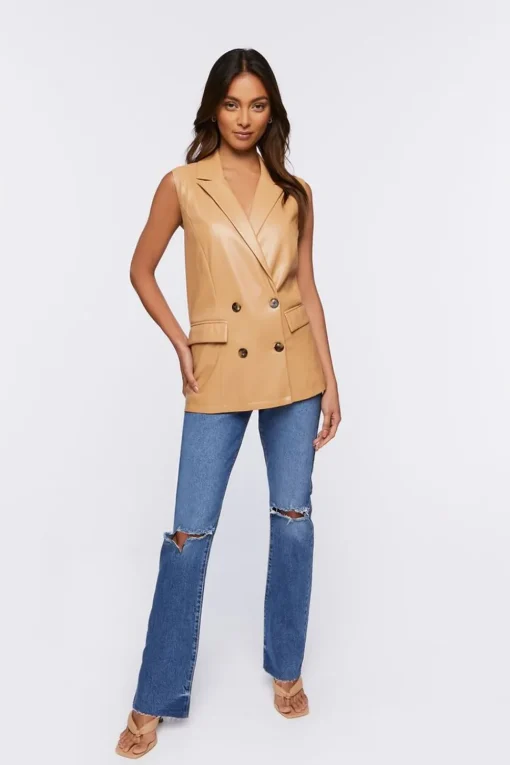 Faux Leather Double-Breasted Vest