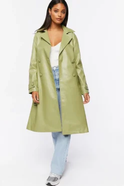Faux Leather Double-Breasted Trench Coat
