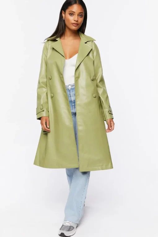 Faux Leather Double-Breasted Trench Coat