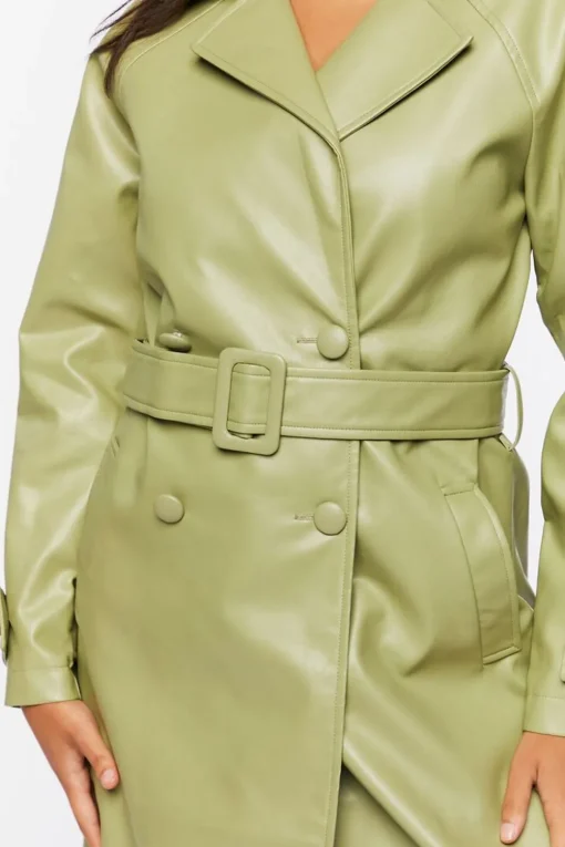 Faux Leather Double-Breasted Trench Coat