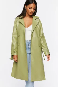Faux Leather Double-Breasted Trench Coat