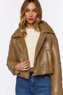 Faux Leather Foldover Puffer Jacket