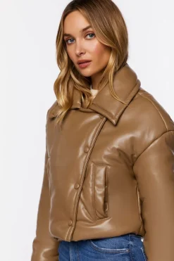 Faux Leather Foldover Puffer Jacket