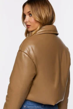 Faux Leather Foldover Puffer Jacket