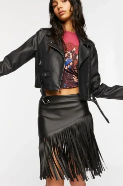 Faux Leather Fringe Midi Skirt
