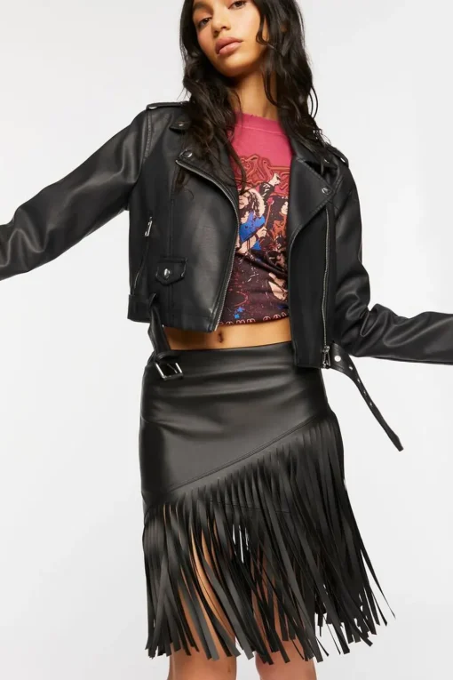 Faux Leather Fringe Midi Skirt