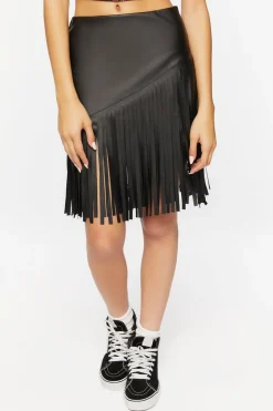 Faux Leather Fringe Midi Skirt