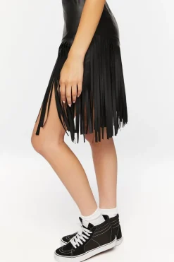 Faux Leather Fringe Midi Skirt