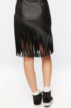 Faux Leather Fringe Midi Skirt