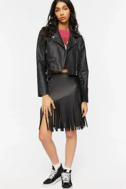 Faux Leather Fringe Midi Skirt