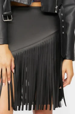 Faux Leather Fringe Midi Skirt