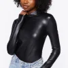 Faux Leather Long-Sleeve Bodysuit