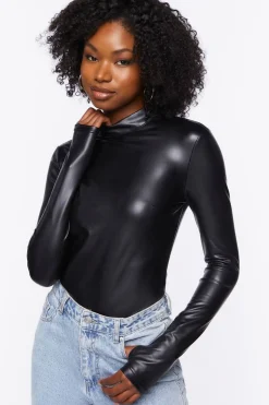 Faux Leather Long-Sleeve Bodysuit