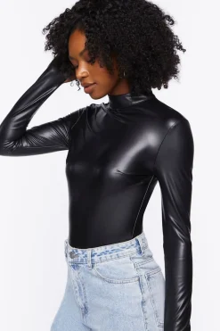 Faux Leather Long-Sleeve Bodysuit