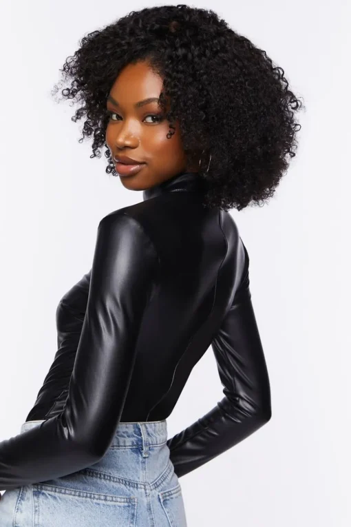 Faux Leather Long-Sleeve Bodysuit