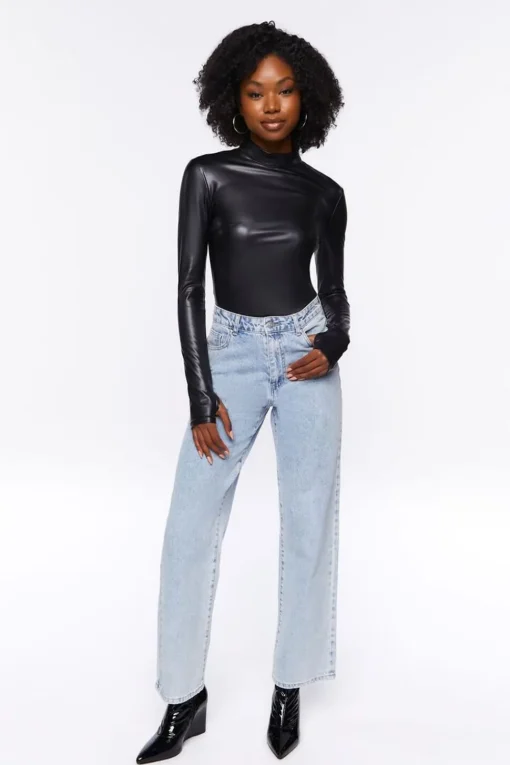 Faux Leather Long-Sleeve Bodysuit