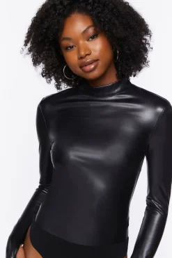 Faux Leather Long-Sleeve Bodysuit
