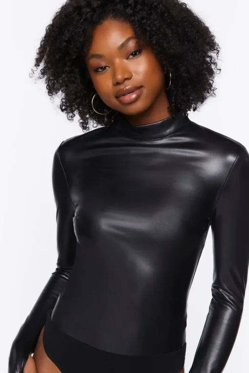 Faux Leather Long-Sleeve Bodysuit