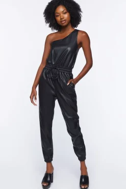 Faux Leather One-Shoulder Jumpsuit