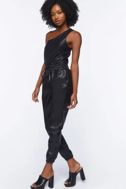 Faux Leather One-Shoulder Jumpsuit
