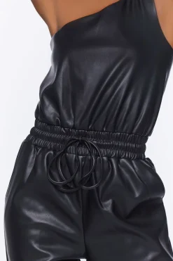 Faux Leather One-Shoulder Jumpsuit