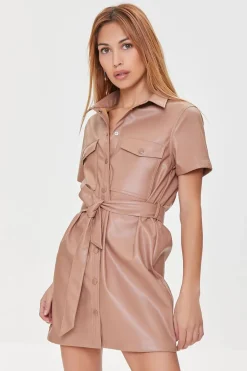 Faux Leather Shirt Dress