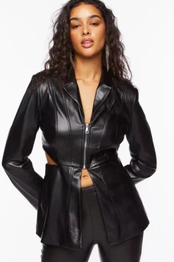 Faux Leather Zip-Front Cutout Blazer