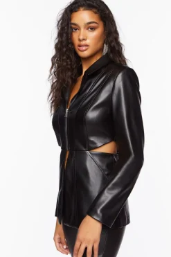 Faux Leather Zip-Front Cutout Blazer
