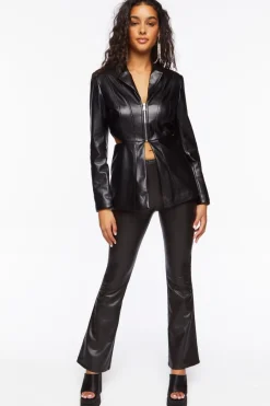 Faux Leather Zip-Front Cutout Blazer