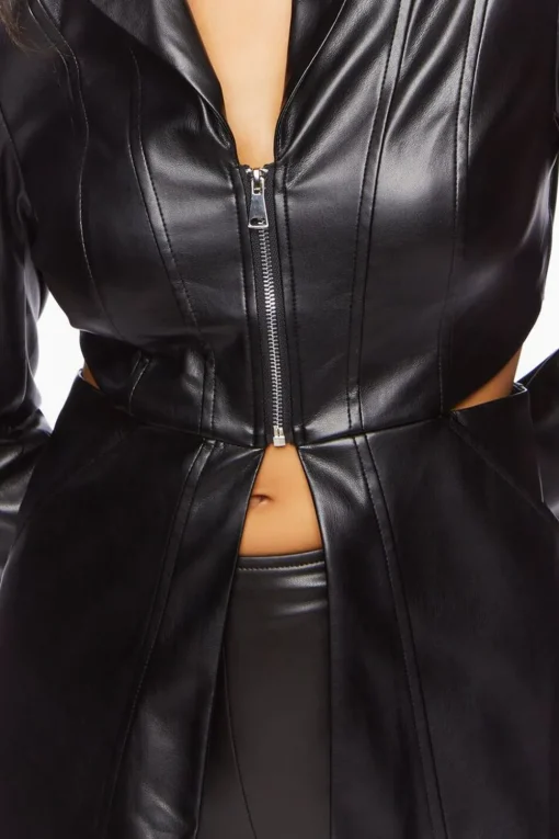 Faux Leather Zip-Front Cutout Blazer