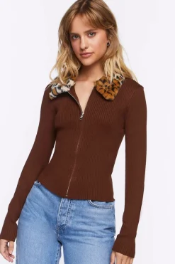 Faux Leopard Fur Zip-Up Sweater