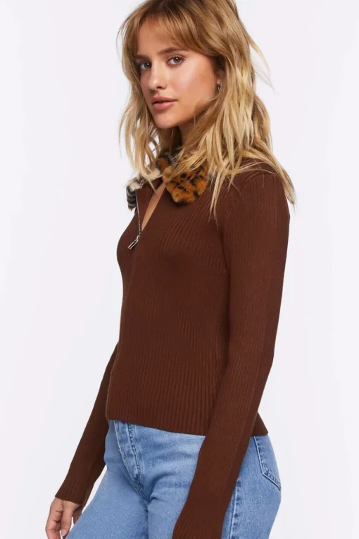 Faux Leopard Fur Zip-Up Sweater