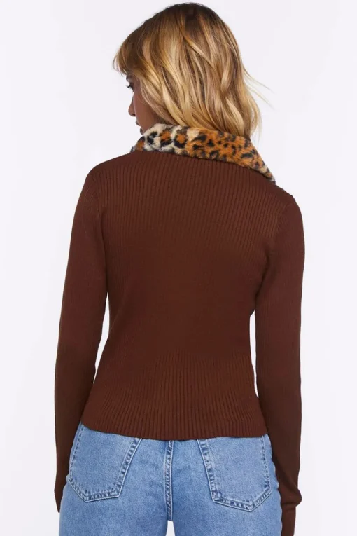 Faux Leopard Fur Zip-Up Sweater
