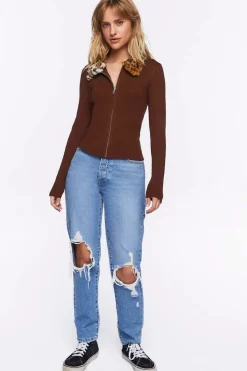 Faux Leopard Fur Zip-Up Sweater