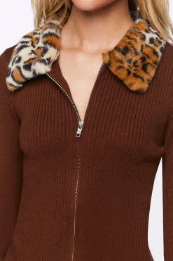 Faux Leopard Fur Zip-Up Sweater