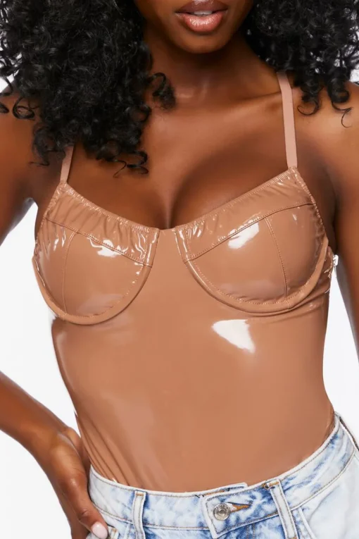 Faux Patent Leather Bustier Bodysuit