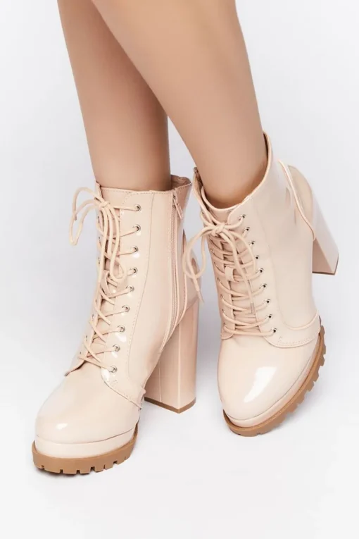 Faux Patent Leather Lace-Up Booties