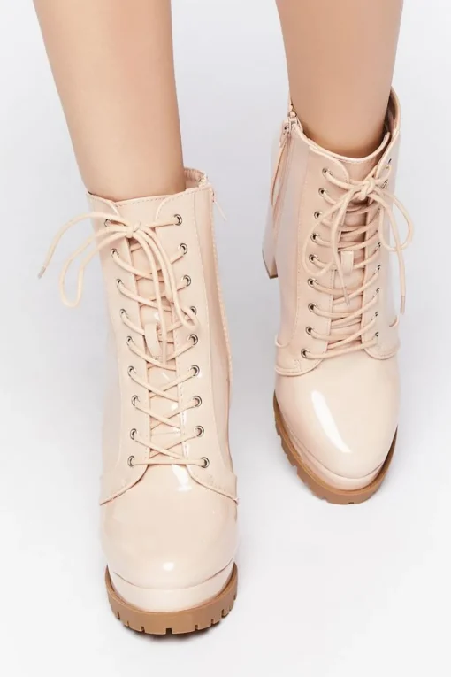 Faux Patent Leather Lace-Up Booties