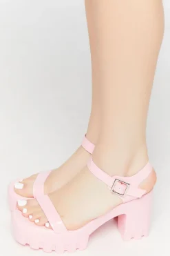 Faux Patent Leather Open-Toe Lug Heels