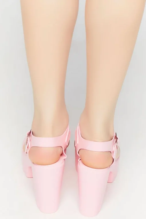 Faux Patent Leather Open-Toe Lug Heels