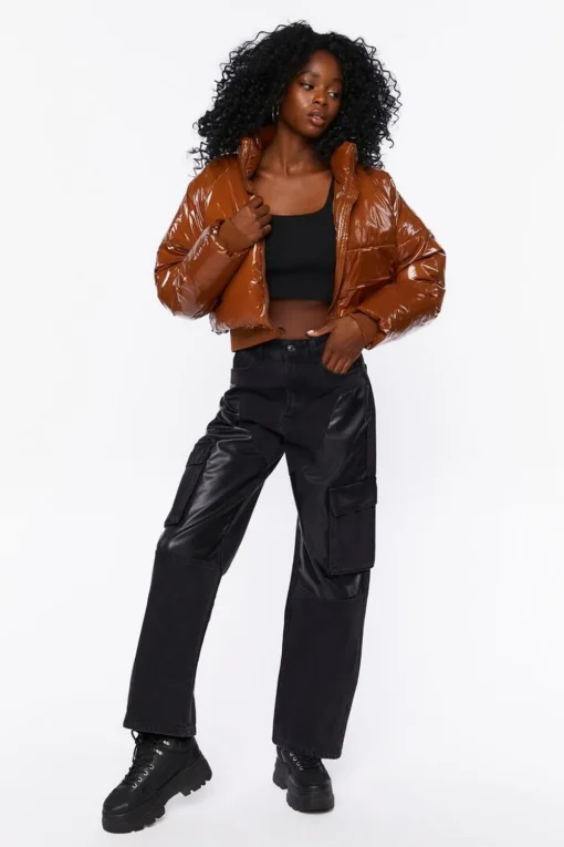 Faux Patent Leather Puffer Jacket