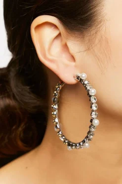 Faux Pearl & Gem Hoop Earrings